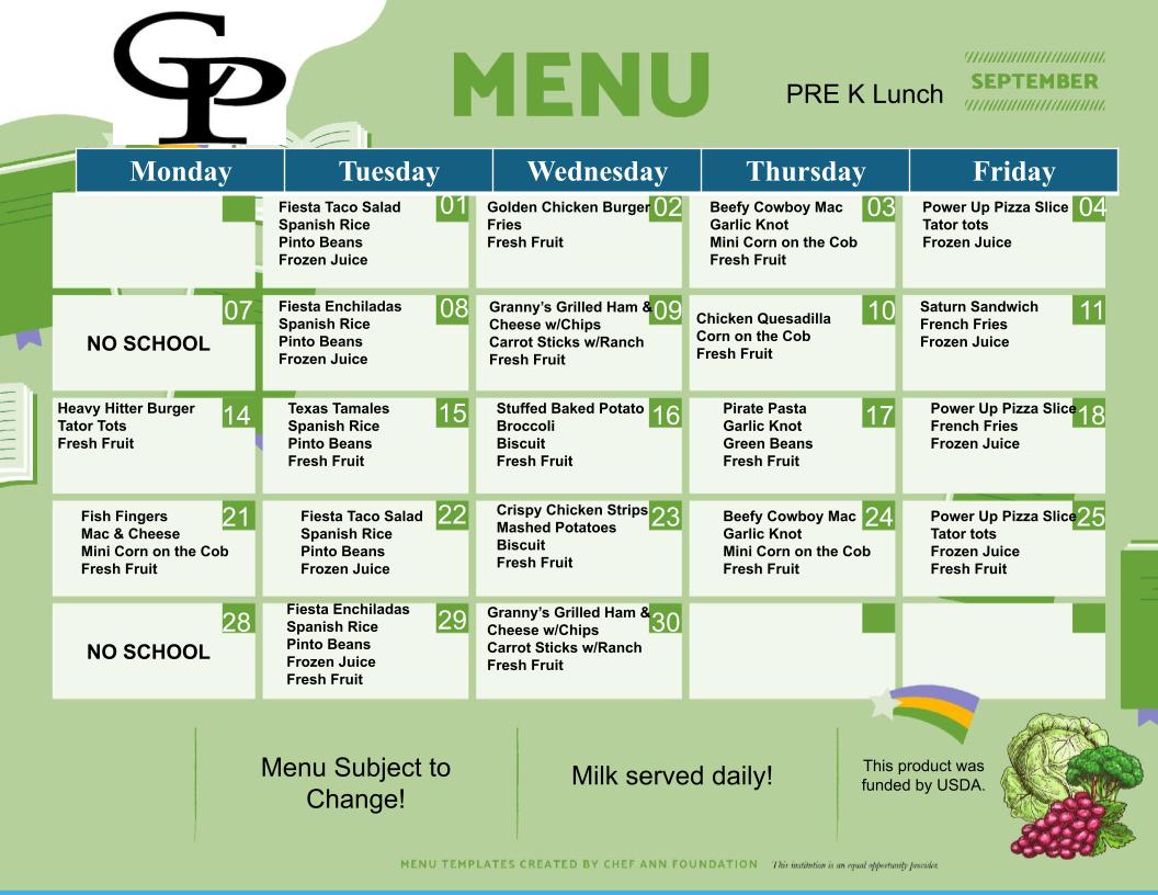 A school lunch menu grid in green and blue, displaying daily meal options for Monday through Friday.